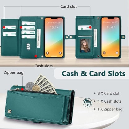 Wallet Case for iPhone 13 Pro with Card Holder/Crossbody Wallet/Strap| RFID Blocking | Magnetic | Kickstand | Detachable | PU Leather Phone Case for iPhone 13 Pro,6.1 in,Green
