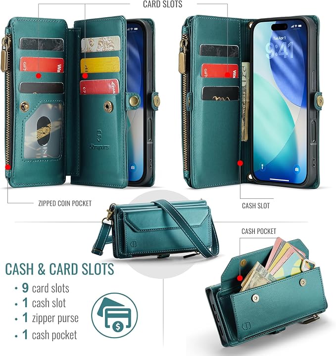 Strapurs Wallet Case Compatible with iPhone 17 6.3" RFID Blocking 9-Card Holder Soft PU Leather Magnetic Snap Shoulder Strap Zipper Pocket Phone Case Fit for iPhone 17 for Women - Blue Green