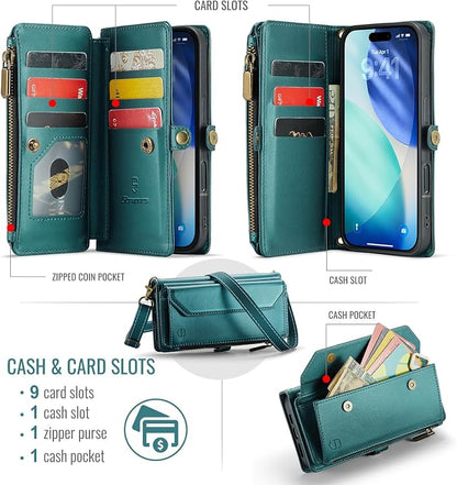 Strapurs Wallet Case Compatible with iPhone 17 6.3" RFID Blocking 9-Card Holder Soft PU Leather Magnetic Snap Shoulder Strap Zipper Pocket Phone Case Fit for iPhone 17 for Women - Blue Green