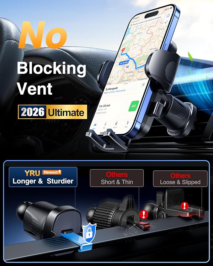 YRU True Military-Grade [360° Rotation Suction] 2026 Ultimate Car Phone Holder Mount 【90+LBS Safest Strongest & Patent Certs】 Dashboard Windshield Vent for iPhone 17 16 Pro Max Samsung, Jet Black