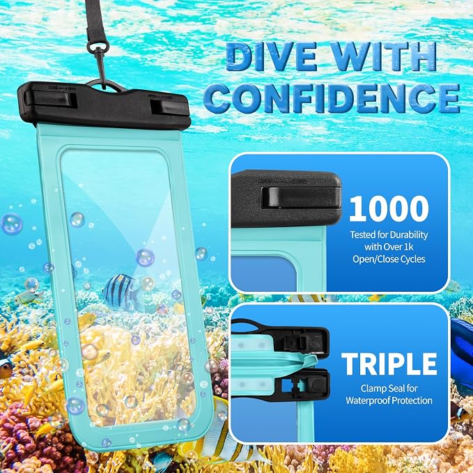 Trifabricy 3 Pack IP68 Waterproof Phone Pouch, Floating Waterproof Phone Case with Lanyard for iPhone 17 16 15 14 Pro Max, Waterproof Case Cellphone Dry Bag for Beach Swimming Travel Green