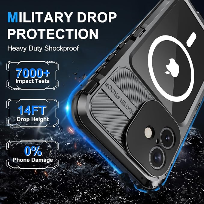 WIFORT for iPhone 16 Waterproof Case - Metal Heavy Duty [Built-in Screen Protector] [14FT Military Shockproof] [Fit for MagSafe], IP68 Full Body Rugged Water Proof Magnetic Cover, 6.1" Black