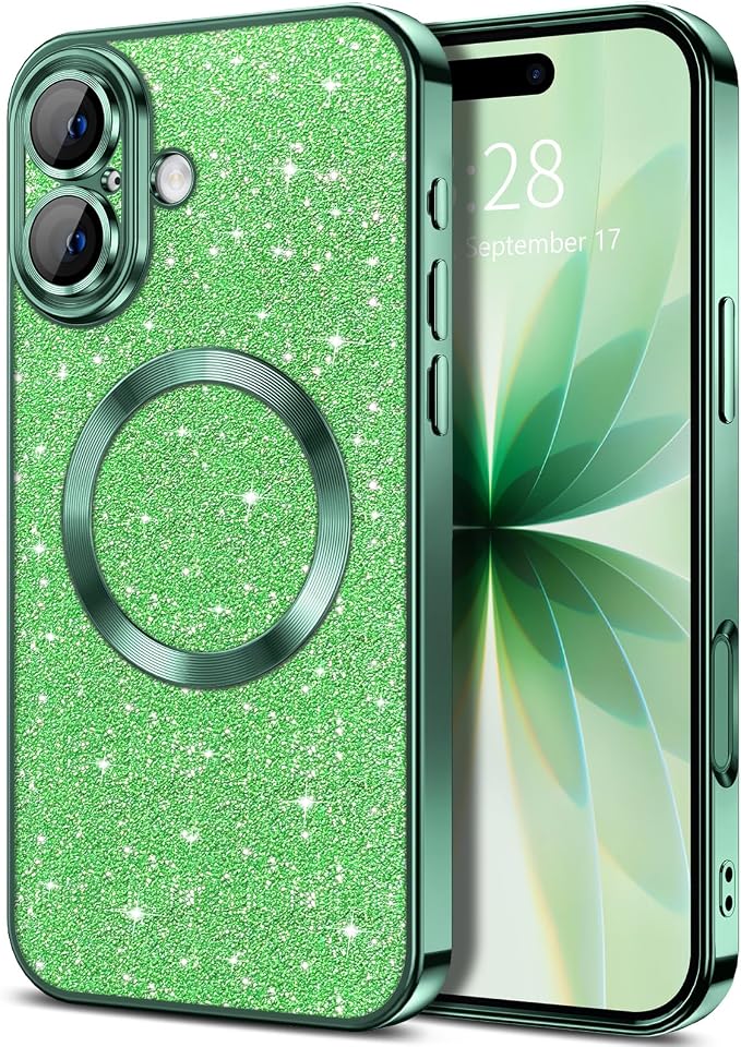 Hython for iPhone 17 Case Glitter Clear Magnetic Phone Cases [Compatible with MagSafe] Full Camera Lens Protector Sparkle Luxury Plating Slim Shockproof Protective Cover Women, Green
