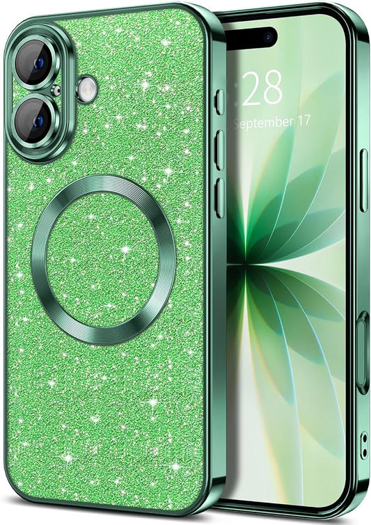 Hython for iPhone 17 Case Glitter Clear Magnetic Phone Cases [Compatible with MagSafe] Full Camera Lens Protector Sparkle Luxury Plating Slim Shockproof Protective Cover Women, Green
