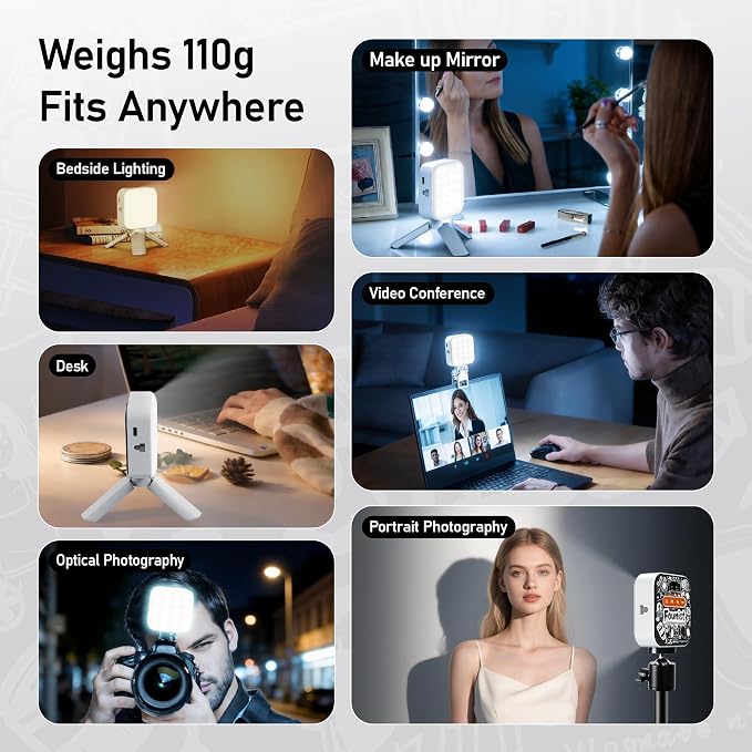 RGB Video Light with Tripod & Phone Clip, Portable LED Camera Light 2500K–9000K, 22 Scene Modes, Rechargeable On-Camera Lighting for Phone Vlogging, Streaming, TikTok, YouTube