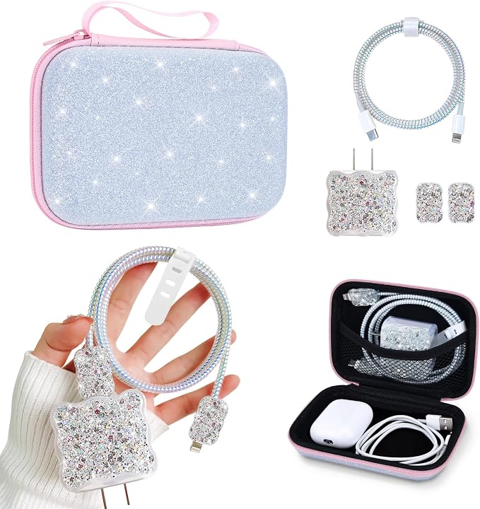 Glitter Phone Case Set, Bling Organizer with Cable Protector for iPhone, Soft Cable Organizer, Charger Case (Silver)