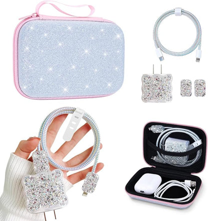 Glitter Phone Case Set, Bling Organizer with Cable Protector for iPhone, Soft Cable Organizer, Charger Case (Silver)