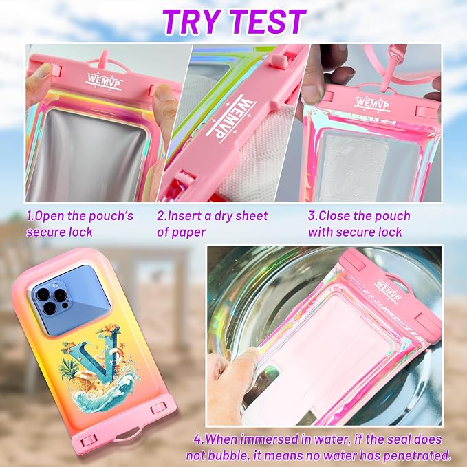 Personalized Initial Waterproof Phone Pouch Case - IPX8 Cellphone Dry Bag with Lanyard for iPhone 16/15/14/13/12 Pro Max (6.1–6.9"), Beach & Cruise Ship Essentials with Monogrammed Design (Pink, V)