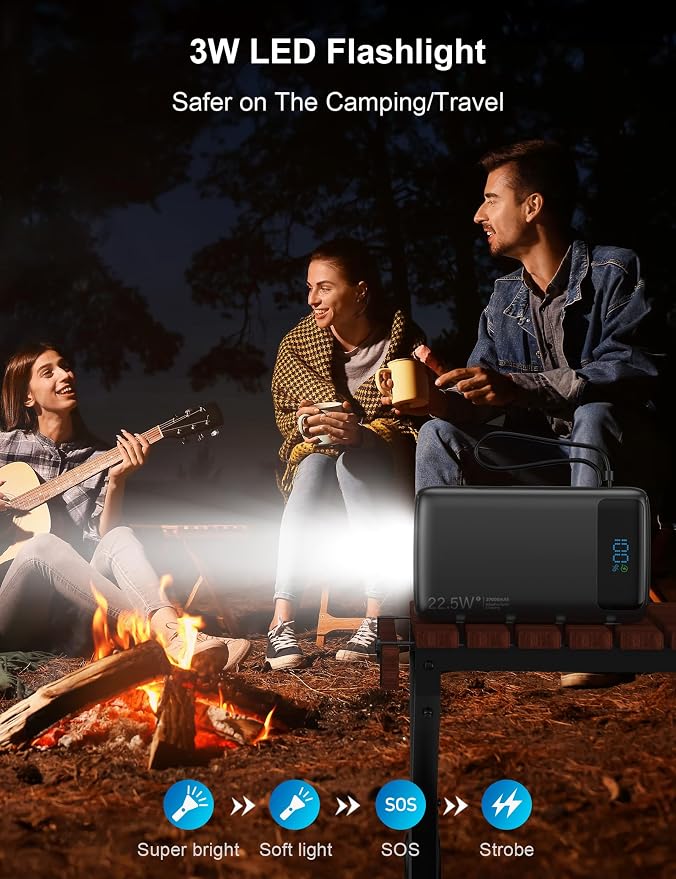 Portable Charger, 27000mAh 22.5W Fast Charging Power Bank with Built-in Cable, USB C Battery Pack with LED Display/Flash Light, Travel Essential External Battery Charger Bank for iPhone Samsung Black