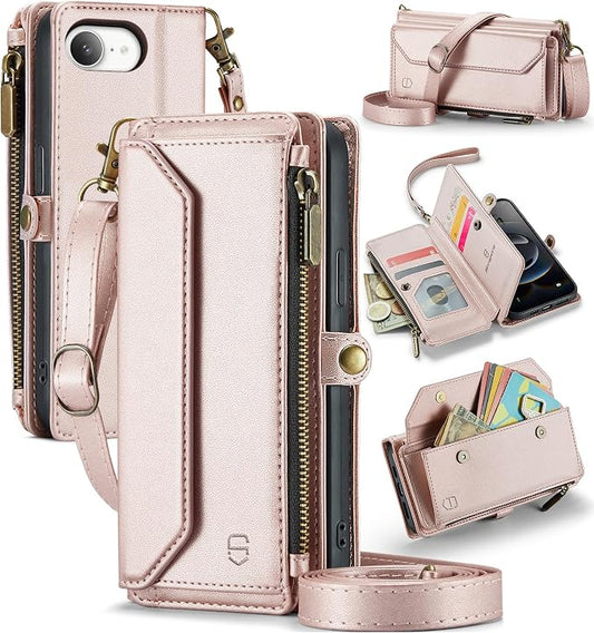 Strapurs Crossbody Wallet Case Compatible with iPhone 17e / iPhone 16e RFID Blocking 7-Card Holder PU Leather Magnetic Snap Shoulder Strap Zipper Pocket Phone Cases for iPhone 17e / 16e - Rose Gold