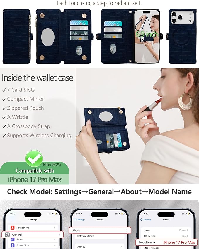 Crossbody Wallet Case for iPhone 17 Pro Max with Mirror, Wrist Strap, Zipper Purse Magnetic Flip, RFID Blocking Card Holder, Wireless Charging, PU Leather Shockproof 6.9" Women (Navy Blue)