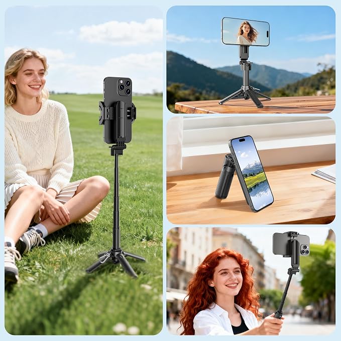 14.5" Magnetic Mini Selfie Stick for iPhone, 4 in 1 Portable Pocket Size Tripod for iPhone MagSafe/Android with Remote/Cold Shoe Mounts, Small/Compact Cell Phone Tripod Stand for Travel Vlogging-Black