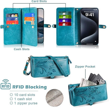 Lacass for iPhone 17 Pro Max Case Wallet,[Cards Theft Scan Protection] Card Holder Zipper Leather Flip Cover Crossbody Wrist Strap with Stand (Floral Blue Green)