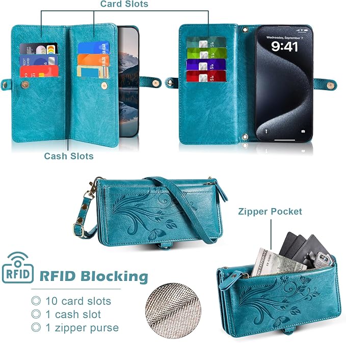 Lacass for iPhone 16 Pro Max Case Wallet,[Cards Theft Scan Protection] Card Holder Zipper Leather Flip Cover Crossbody Wrist Strap with Stand (Floral Blue Green)