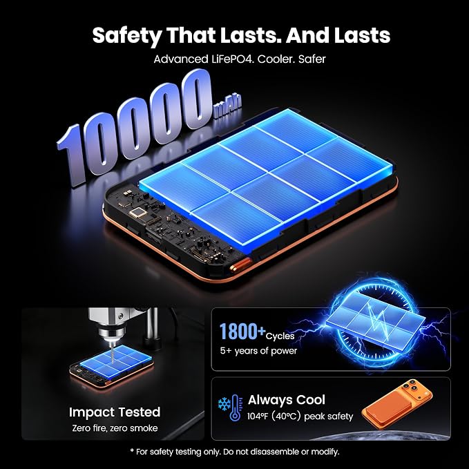 Qi2 Certified Magnetic Power Bank 10000mAh, 15W Fast Wireless Charger, Ultra-Slim LiFePO4 Battery Pack with 20W PD USB-C, Portable Charger for iPhone 17-12, Apple Watch & AirPods