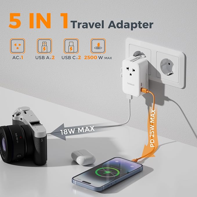 TESSAN Universal Travel Adapter PD 25W, White | International Power Adapter, Ultra Thin, 2 USB A 2 USB C, US to European UK Australia Ireland, Type C G A I