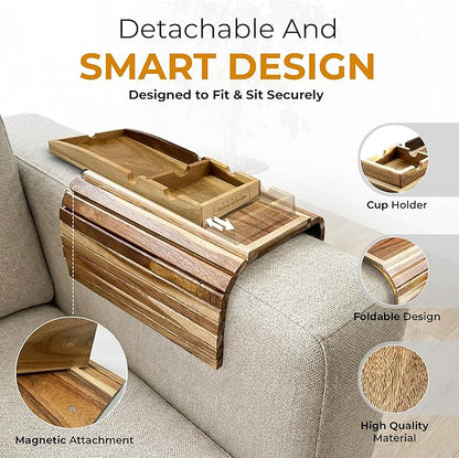Couch Cup Holder Tray with 2 Cork Coasters, Caddy, Anti-Slip Foldable Armrest Sofa Tray, Anti-Spill Holder for Remote, Snacks, Cellphone - Ideal Gift (Acacia Wood)