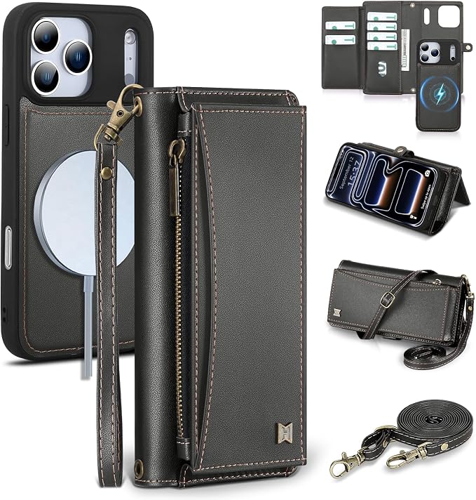 Wallet Case for iPhone 17 Pro with Card Holder/Crossbody Wallet/Strap,[RFID Blocking][Magnetic] PU Leather Phone Case for iPhone 17 Pro,6.3 in,Black