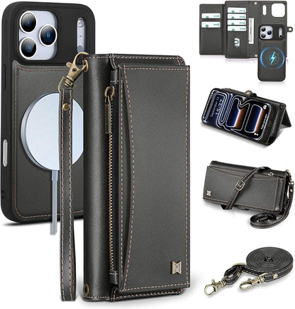 Wallet Case for iPhone 17 Pro with Card Holder/Crossbody Wallet/Strap,[RFID Blocking][Magnetic] PU Leather Phone Case for iPhone 17 Pro,6.3 in,Black