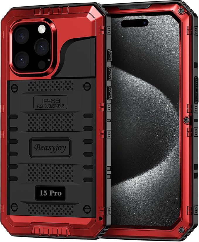 Beasyjoy for iPhone 15 Pro Case Waterproof, Metal Heavy Duty Full Body Protective Case with Built-in Screen Protector, Military Grade Shockproof Dustproof Defender Case for iPhone 15 Pro 6.1", Red