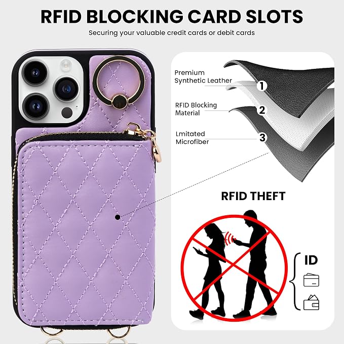Keallce Wallet Case for iPhone 16 Pro Max 6.9'', Crossbody Zipper Purse with Wristlet for Women, RFID Blocking Card Holders, 360° Ring Kickstand Flip Leather Case for iPhone 16 Pro Max, Purple