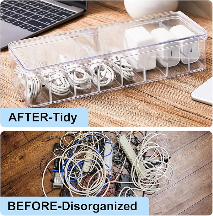 Tatuo 12 Pcs Cord Organizer for Drawer Desktop, Cable Organizer Box with 8 Compartments and Wire Ties, Plastic Charger Storage with Lid, Electronics Case for Home Office Accessories (Small,Clear)