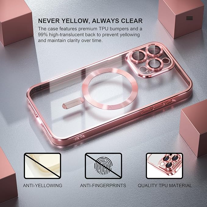 Misea Magnetic for iPhone 15 Pro Case Compatible with MagSafe [Never Yellowing] [Military Grade Drop Protection] Full Camera Lens Protector Plating Soft Clear Phone Case for Women Girls, Pink