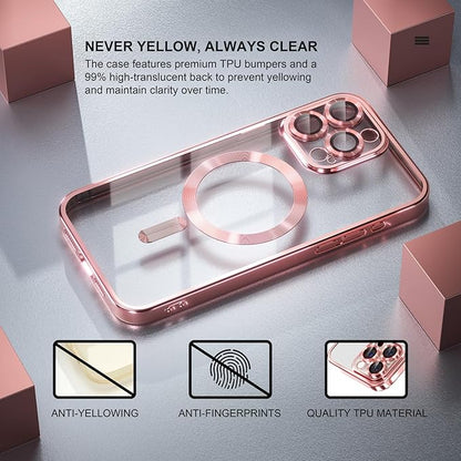 Misea Magnetic for iPhone 15 Pro Case Compatible with MagSafe [Never Yellowing] [Military Grade Drop Protection] Full Camera Lens Protector Plating Soft Clear Phone Case for Women Girls, Pink