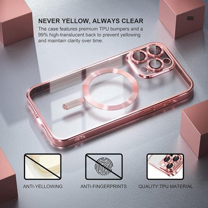 Misea Magnetic for iPhone 15 Pro Max Case with MagSafe [Never Yellowing] [Military Grade Drop Protection] Full Camera Lens Protector Plating Soft Clear Phone Case for Women Girls, Pink