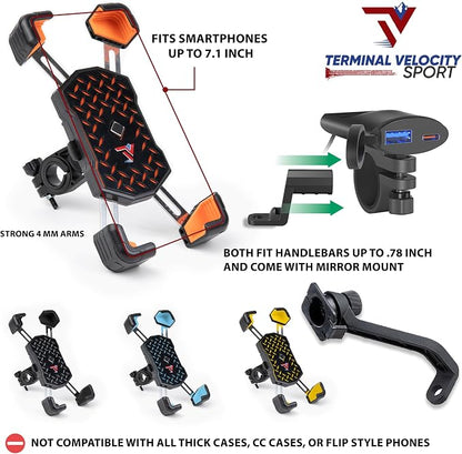 Motorcycle Phone Mount with USB Charger (3.25–7") – Waterproof Cell Phone Holder for Motorcycle, ATV, Snowmobile – 12V Dual USB-C Fast Charging – Includes Mirror Mount & Rain Cover