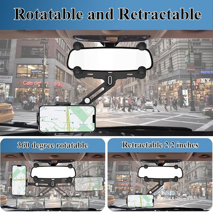 Phone Mount for Car, Rear View Mirror Phone Holder, Rotatable and Retractable Car Phone Holder Mount Rearview Mirror Phone Holder for Car Compatible with iPhone Samsung Cell Phones (Blue)