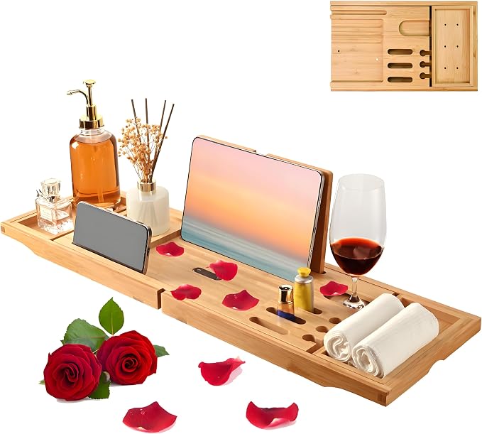 Bathtub Tray - Luxury Bamboo Bathtub Tray for Bath Accessories, Expandable Bath Caddy with Wine Glass Holder, for Her, Anniversary, Spa and Relaxation