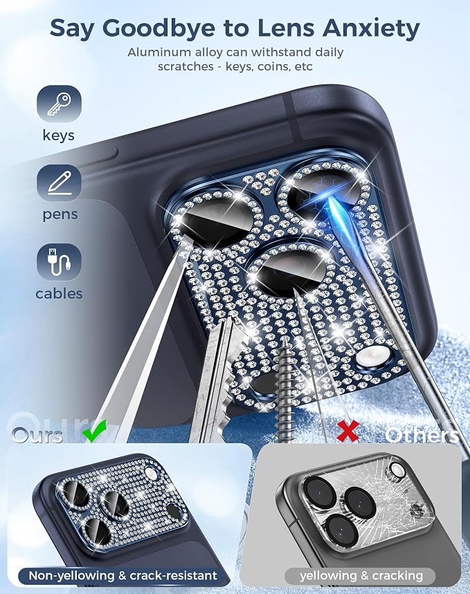 Goton for iPhone 17 Pro Camera Lens Protector Diamond Bling- Not Easy to Fall, Strong Adsorption, Glitter Metal Aluminum Alloy Rear Camera Screen Cover Accessories for 17Pro, Deep Blue
