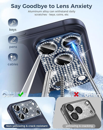 Goton for iPhone 17 Pro Camera Lens Protector Diamond Bling- Not Easy to Fall, Strong Adsorption, Glitter Metal Aluminum Alloy Rear Camera Screen Cover Accessories for 17Pro, Deep Blue