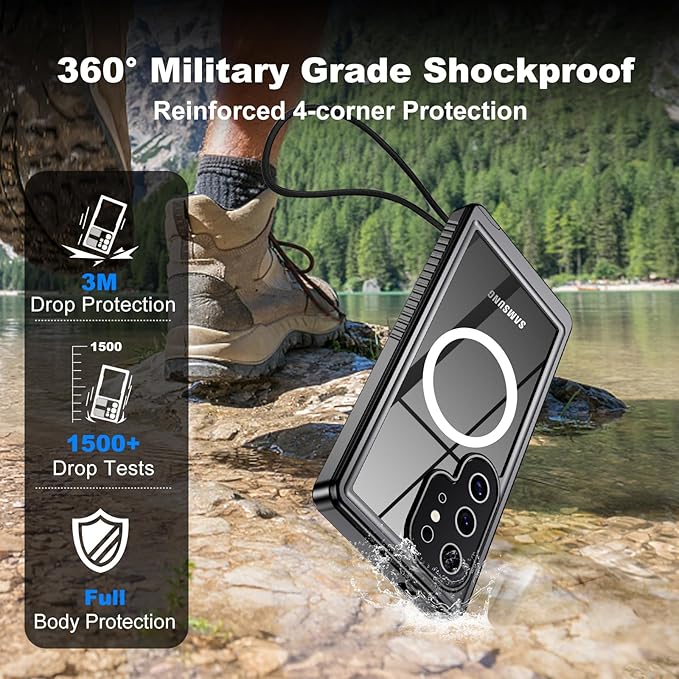 for Samsung Galaxy S24 Ultra Waterproof Case with Magsafe, Built-in Magnetic & Screen Protector, IP68 Certified Full Body Shockproof, for Water Sports Underwater Photography, 6.8" Black
