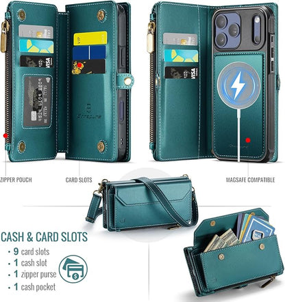Strapurs for iPhone 17 Pro Max Detachable Wallet Case Compatible with Magsafe, RFID Blocking 9-Card Holder Zipper Strap Lanyard PU Leather Magnetic Phone Case for iPhone 17 Pro Max 6.9", Blue Green