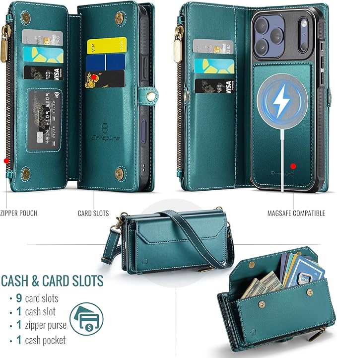 Strapurs for iPhone 17 Pro Detachable Wallet Case Compatible with Magsafe, RFID Blocking 9-Card Holder Zipper Wrist Strap Lanyard PU Leather Magnetic Phone Case for iPhone 17 Pro 6.3", Blue Green