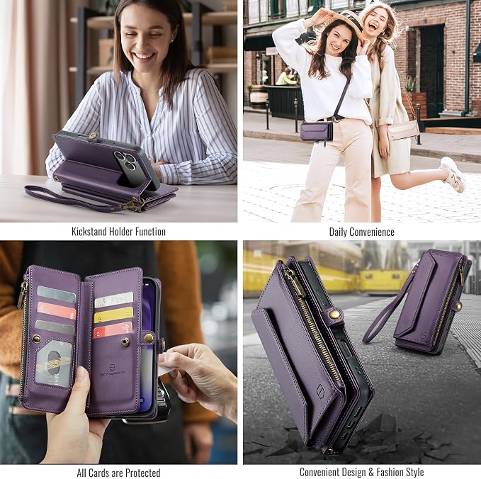 Strapurs Wallet Case Compatible with iPhone 17 Pro 6.3" RFID Blocking 9-Card Holder Soft PU Leather Magnetic Snap Shoulder Strap Zipper Pocket Phone Case Fit for iPhone 17 Pro for Women - Purple