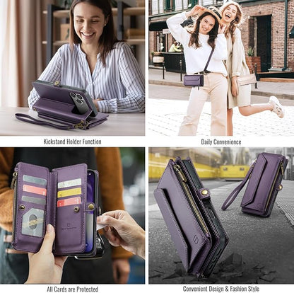 Strapurs Wallet Case Compatible with iPhone 17 Pro 6.3" RFID Blocking 9-Card Holder Soft PU Leather Magnetic Snap Shoulder Strap Zipper Pocket Phone Case Fit for iPhone 17 Pro for Women - Purple