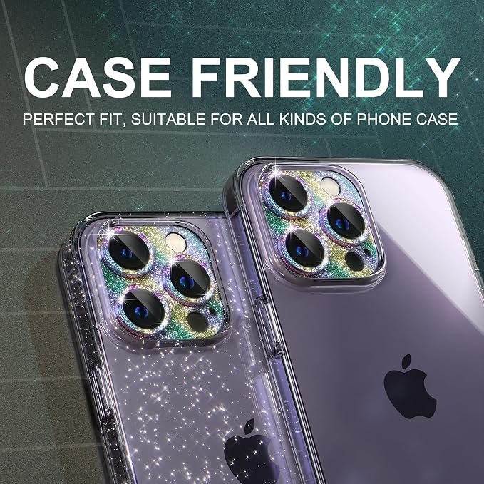 Choiche for iPhone 14 Pro/iPhone 14 Pro Max Camera Lens Protector, Bling Camera Cover with 9H Tempered Glass Lens Screen Protector Metal Ring Decoration Accessories (Glitter-Rainbow)