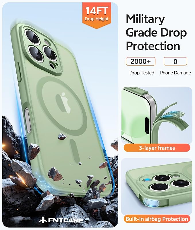 FNTCASE for iPhone 16 Pro Max Case: [Compatible with Magsafe] Translucent Matte Cases with [Full Camera Protection] [Screen Protector] Military Grade Shockproof Protective Phone Cover - Light Moss