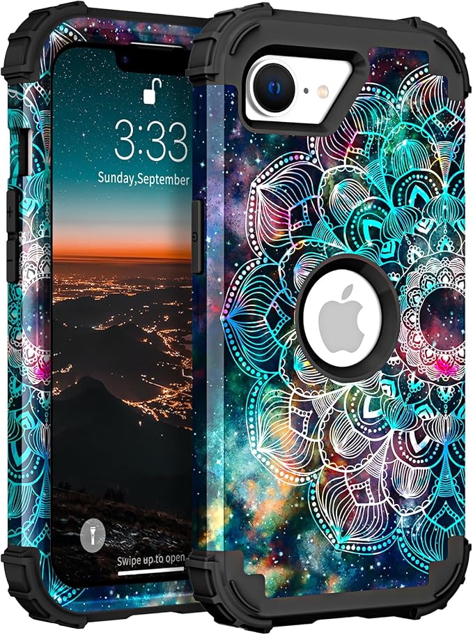 Hocase for iPhone 17e/iPhone 16e Case, Heavy Duty Shockproof Protection Hard Plastic+Silicone Rubber Hybrid Protective Phone Case for iPhone 17e/16e 6.1" - Mandala in Galaxy