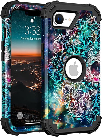Hocase for iPhone 17e/iPhone 16e Case, Heavy Duty Shockproof Protection Hard Plastic+Silicone Rubber Hybrid Protective Phone Case for iPhone 17e/16e 6.1" - Mandala in Galaxy