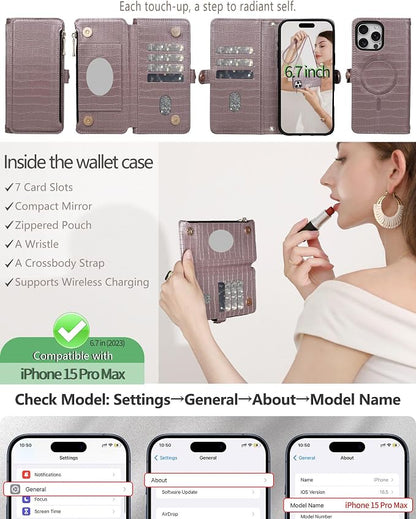 Crossbody Wallet Case for iPhone 15 Pro Max with Mirror, Wrist Strap, Zipper Purse Magnetic Flip RFID Blocking Card Holder, Wireless Charging, PU Leather Shockproof 6.7" Women (Rose Gold)