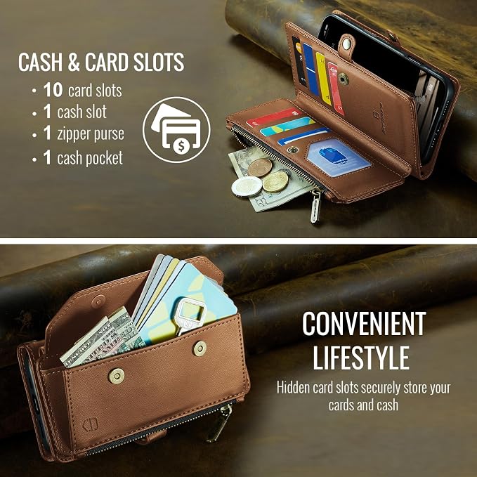 Strapurs Crossbody Wallet Case Compatible with iPhone SE/7/8 RFID Blocking 7-Card Holder Soft PU Leather Magnetic Snap Shoulder Strap Zipper Pocket Phone Cases Fit for iPhone SE 2020 2022 - Brown