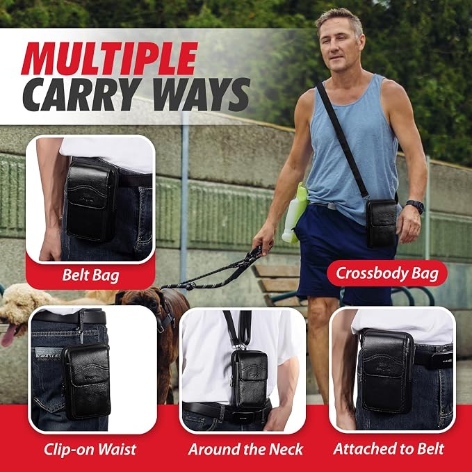 Hengwin Genuine Leather Phone Holster Fits for iPhone 16 Pro Max 15 Pro Max 14 Pro Max 13 Pro Max Samsung Galaxy S25 Ultra S24 Ultra Belt Pouch Belt Clip Wallet Case Phone Bag Crossbody Purse (Black)
