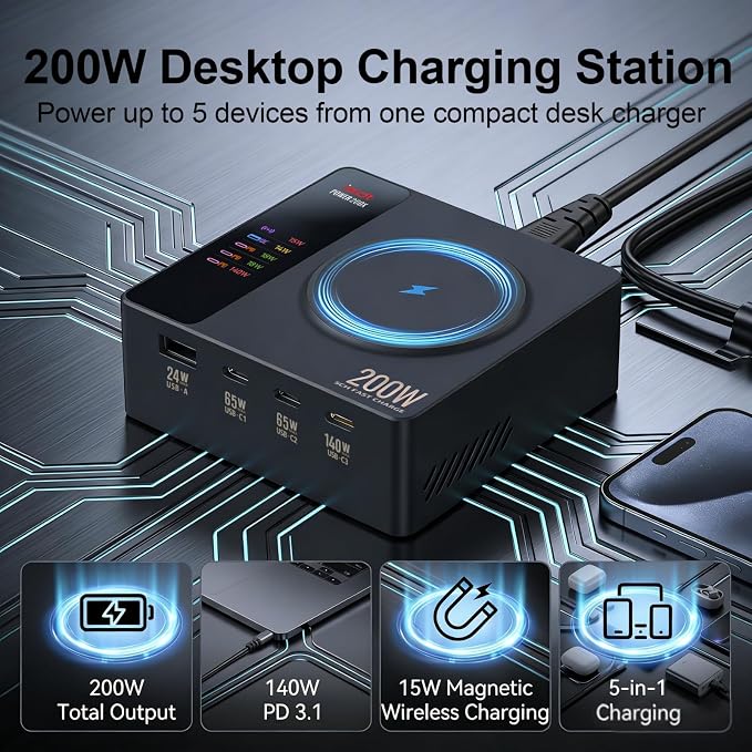 ISDT Power200X 200W Desktop Charging Station for Multiple Devices, 5-in-1 USB C Charger with 140W PD 3.1, Wireless Charging Pad for Laptop, Tablet, Phone & Earbuds with Display