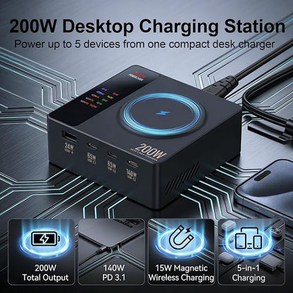 ISDT Power200X 200W Desktop Charging Station for Multiple Devices, 5-in-1 USB C Charger with 140W PD 3.1, Wireless Charging Pad for Laptop, Tablet, Phone & Earbuds with Display