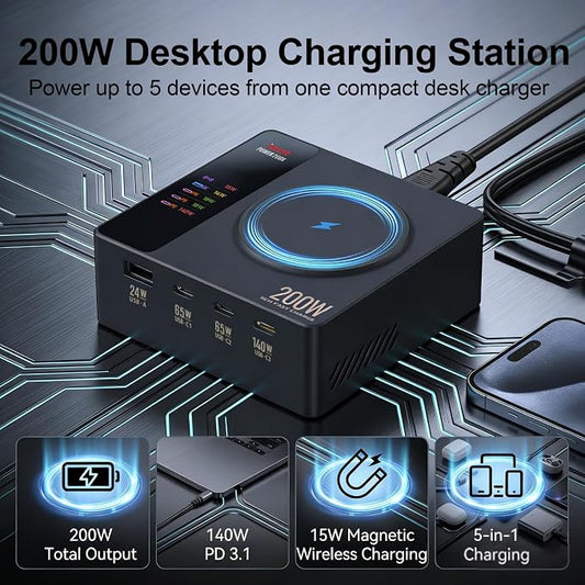 ISDT Power200X 200W Desktop Charging Station for Multiple Devices, 5-in-1 USB C Charger with 140W PD 3.1, Wireless Charging Pad for Laptop, Tablet, Phone & Earbuds with Display