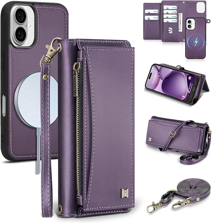 Wallet Case for iPhone 16 Plus with Card Holder/Crossbody Wallet/Strap| RFID Blocking | Magnetic | Kickstand | Detachable | PU Leather Phone Case for iPhone 16 Plus,6.7 in,Purple